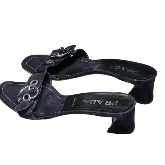 Prada Low Block Heel Buckle Strap Slide On Suede Leather Sandal - Picture 6 of 15